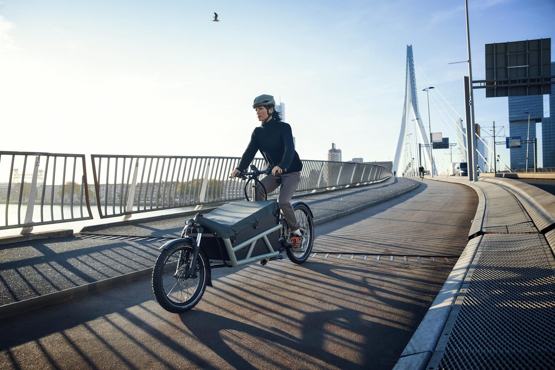 Lastenrad auf einer Brücke in der Stadt